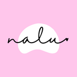 text that say N A L U on white bean shaped logo with pink background